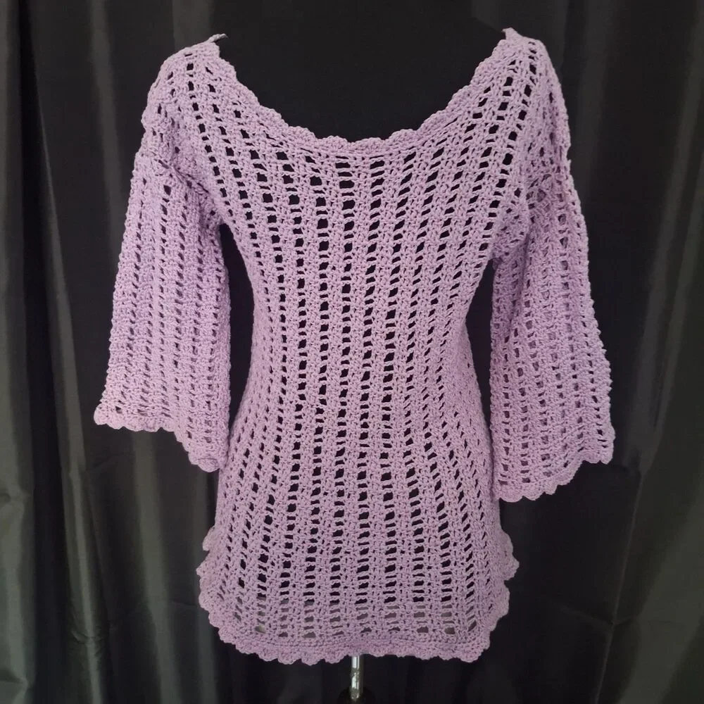 Vtg 70s purple crochet top cotton bell 3/4 sleeves scoop neck festival boho Sz S